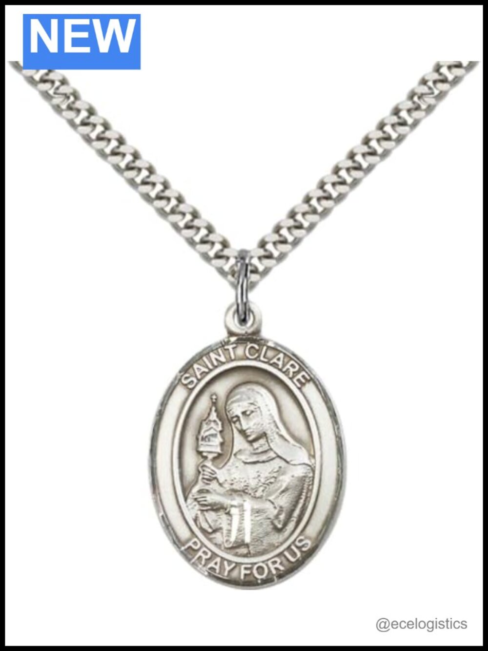 .925 Sterling Silver Saint Clare of Assisi Medal Pendant